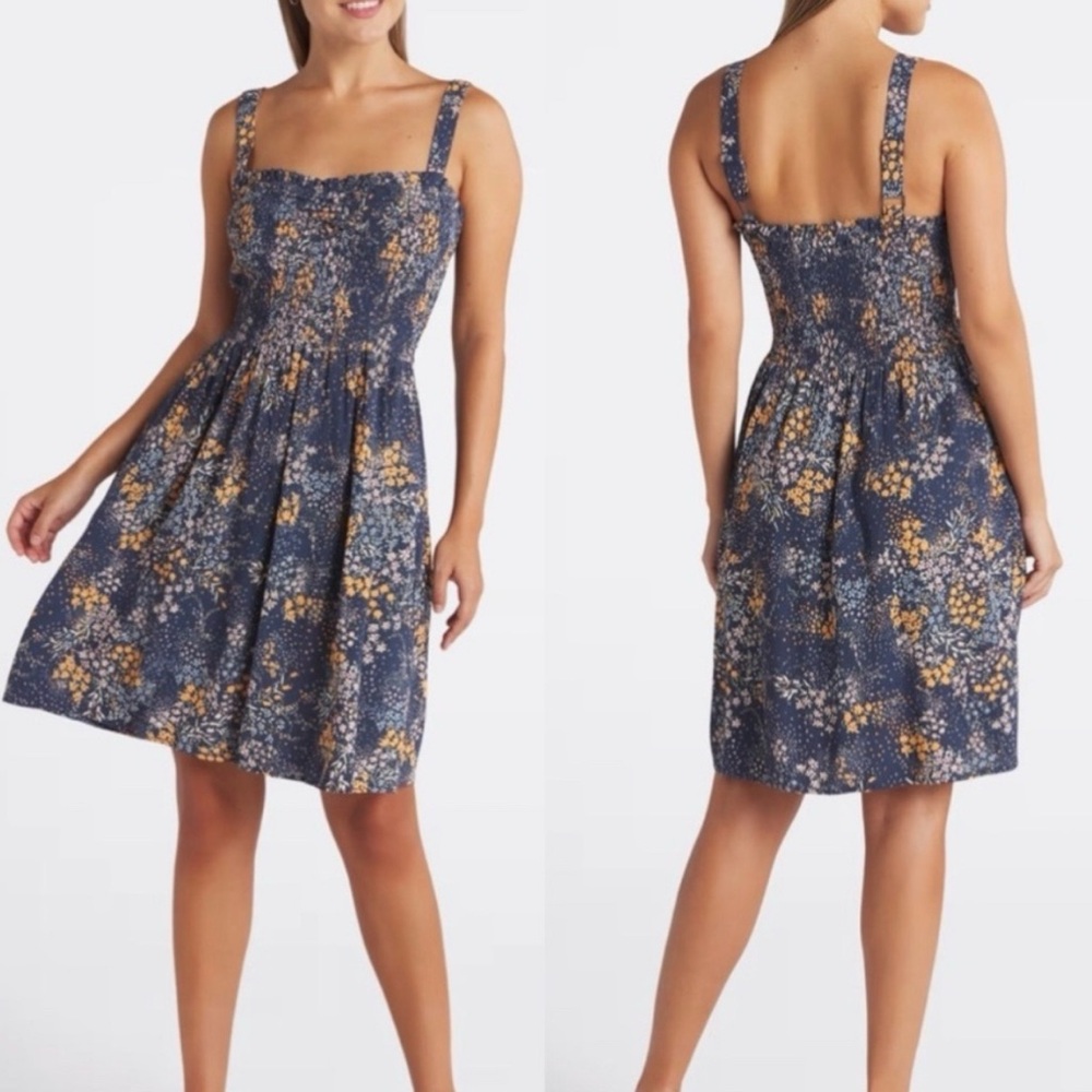 Market & Spruce Blue and Yellow Smocked Floral Mini Dress